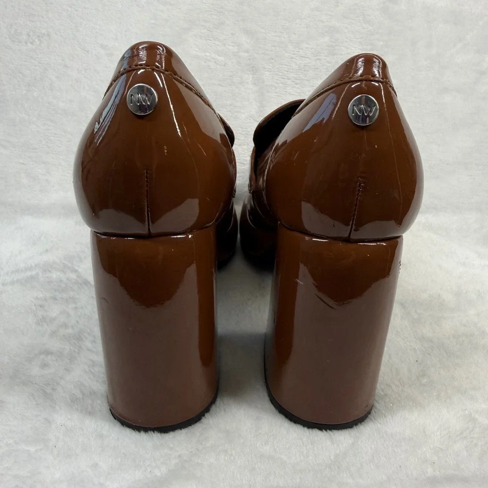 Nine West Brown Patent‎ Leather Chunky Platform Penny Loafer Heels Square Toe 6